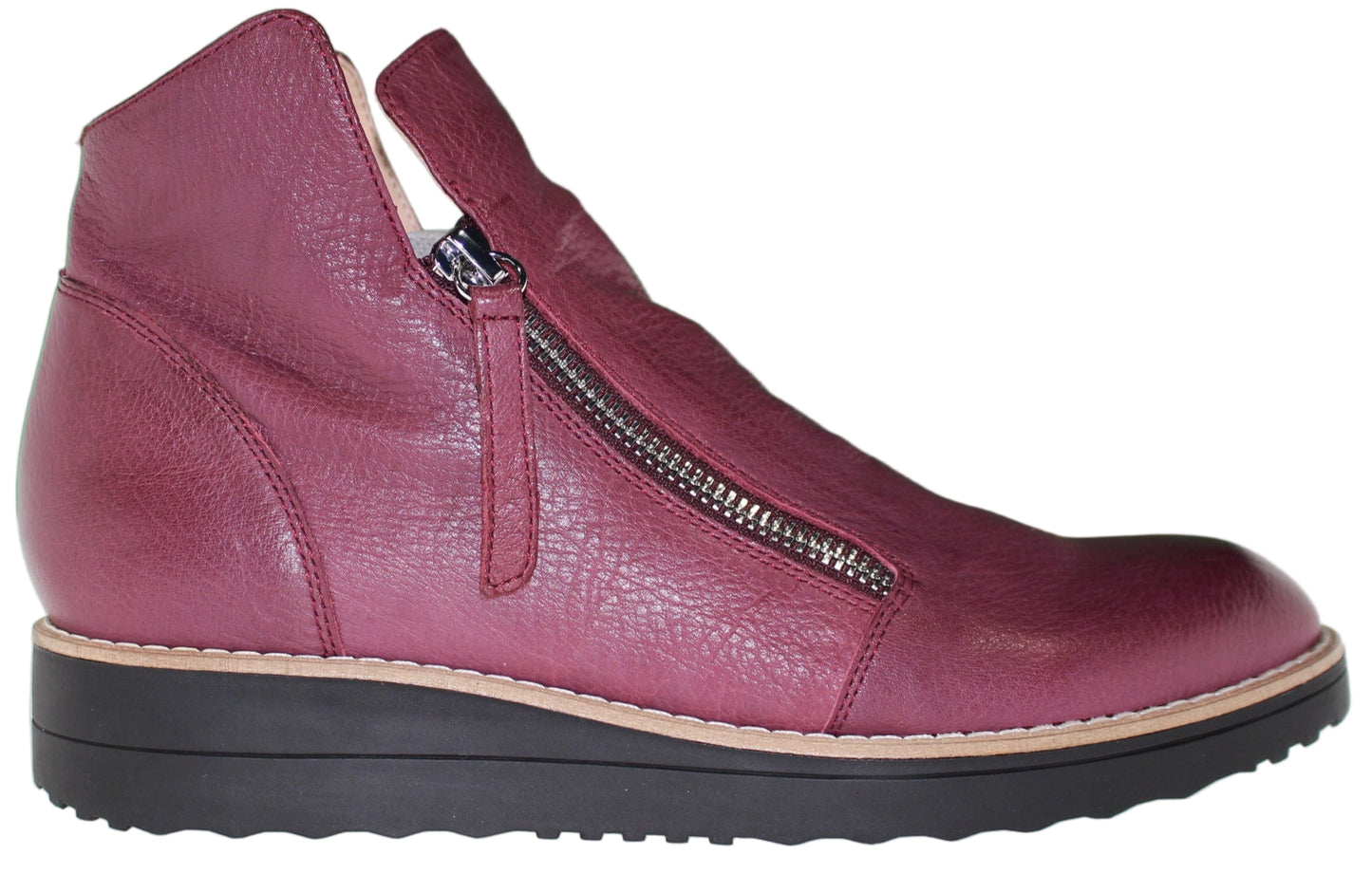 Burgundy, leather ankle boot with a side zipper and a black, platform sole.