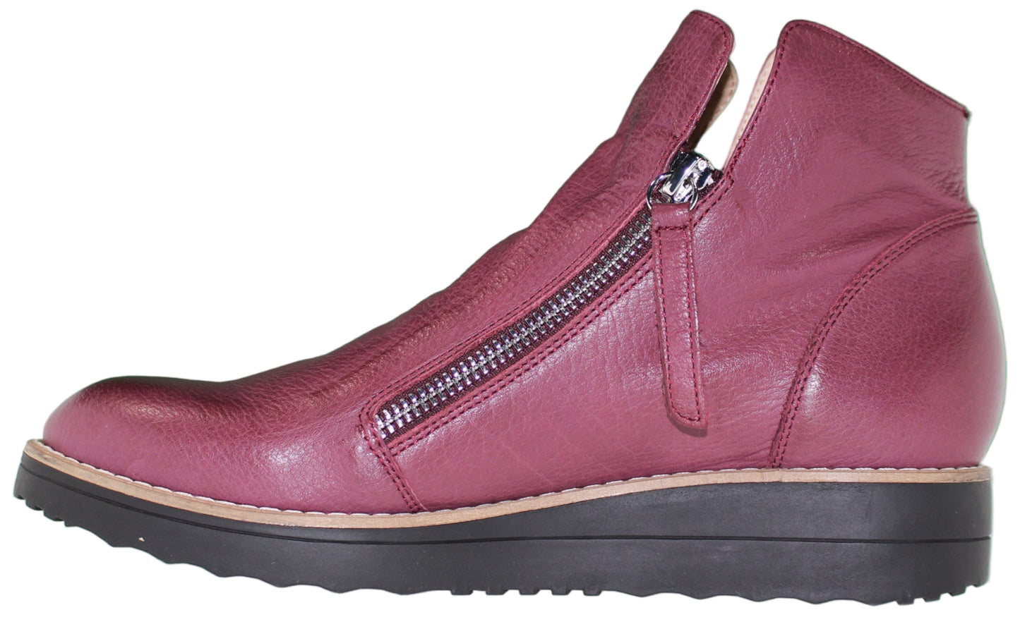Burgundy, ankle-high boot with zipper closure and black platform sole.