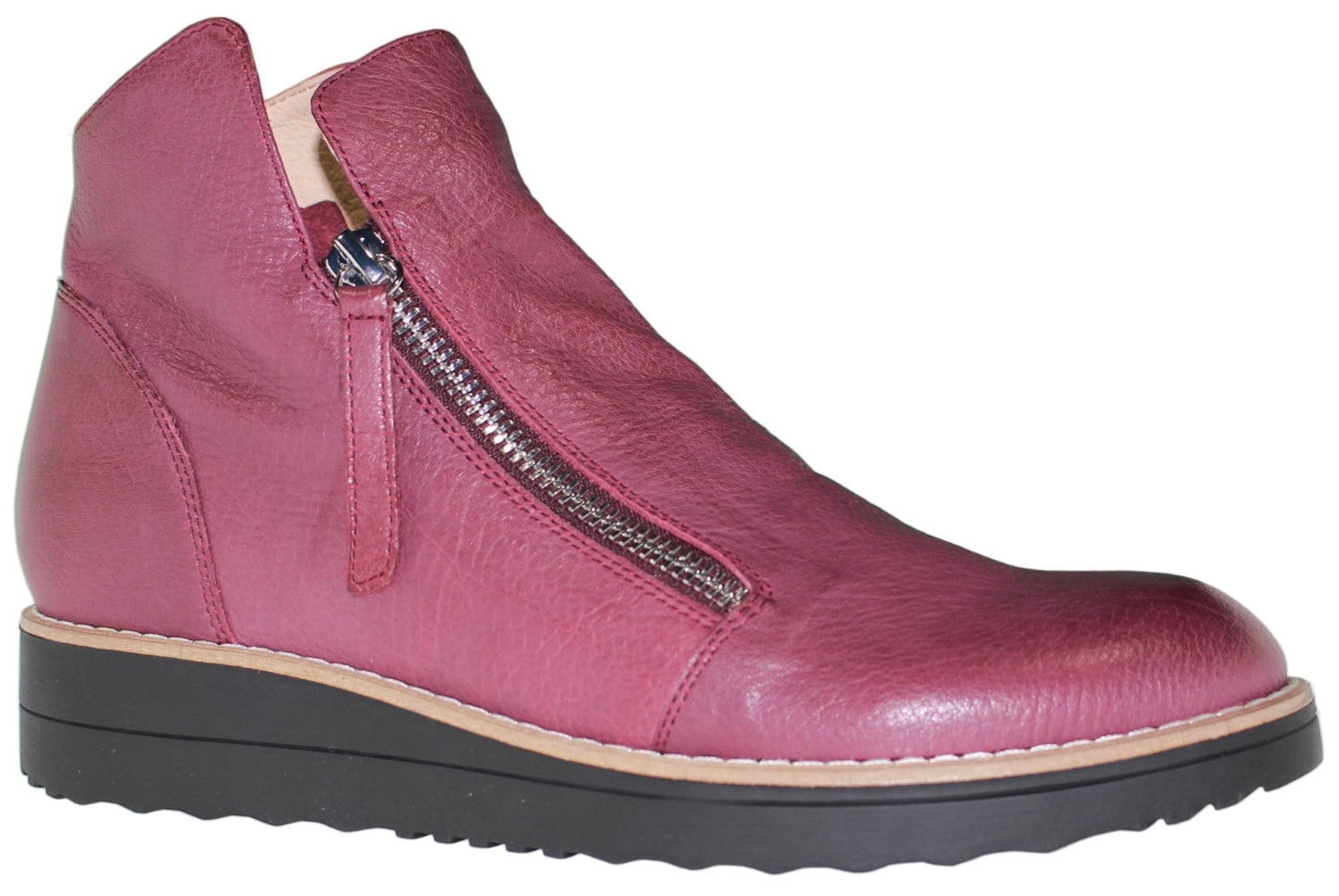 A high top leather shoe with a side zipper and a black platform sole.