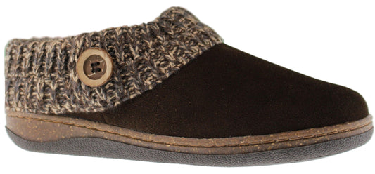 A brown slipper with a knitted cuff and button.