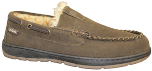A brown suede moccasin slipper with a dark sole and fur lining.