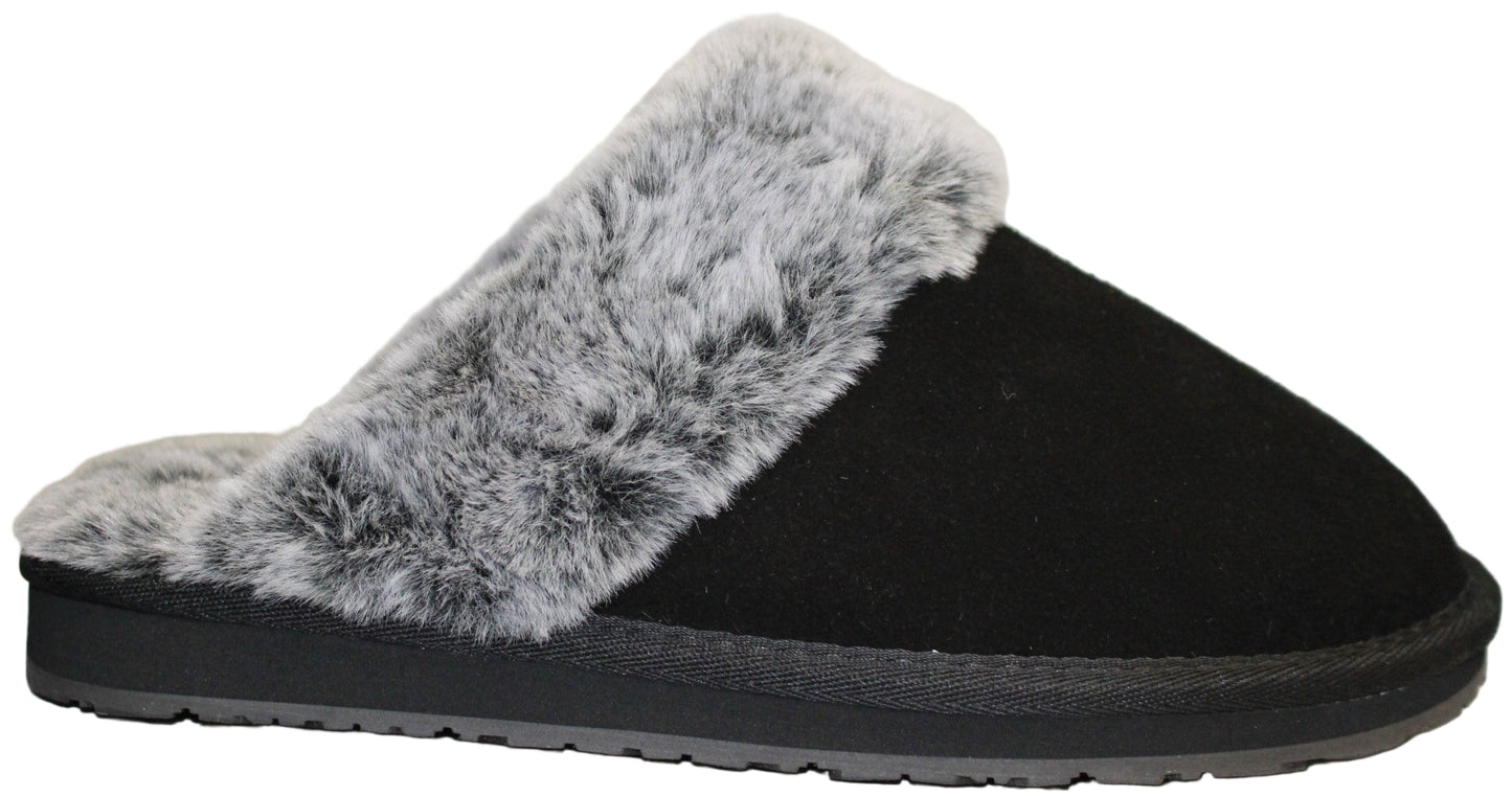 Black slipper with gray faux fur trim.