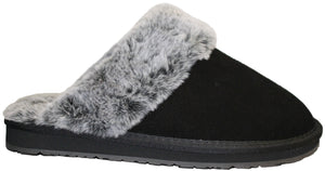 Black slipper with gray faux fur trim.