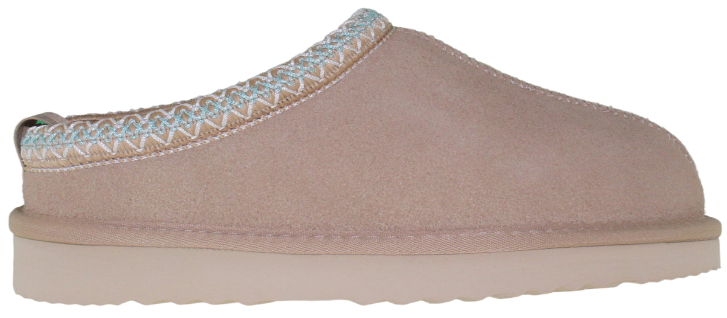 A tan suede slipper with decorative trim.
