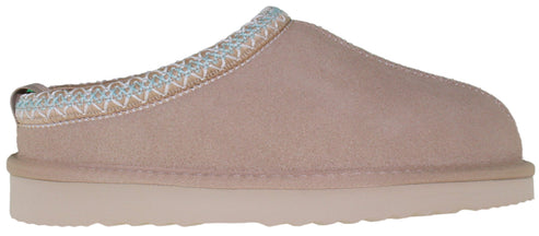 A tan suede slipper with decorative trim.