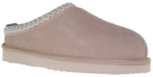 Tan-colored suede slipper with a low, flat sole and a textured blue and beige trim.
