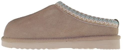 A slip-on clog-style slipper in light brown with an decorative patterned trim.