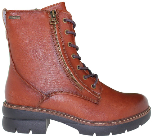 A brown, leather, lace-up boot with a side zipper.
