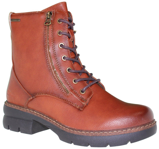 Brown leather lace-up boot with zipper accent.