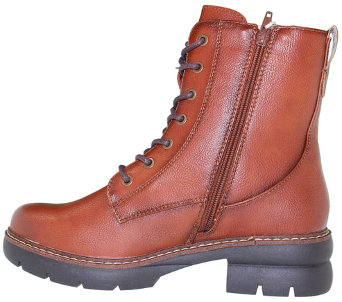 A brown leather combat boot with laces and a side zipper.