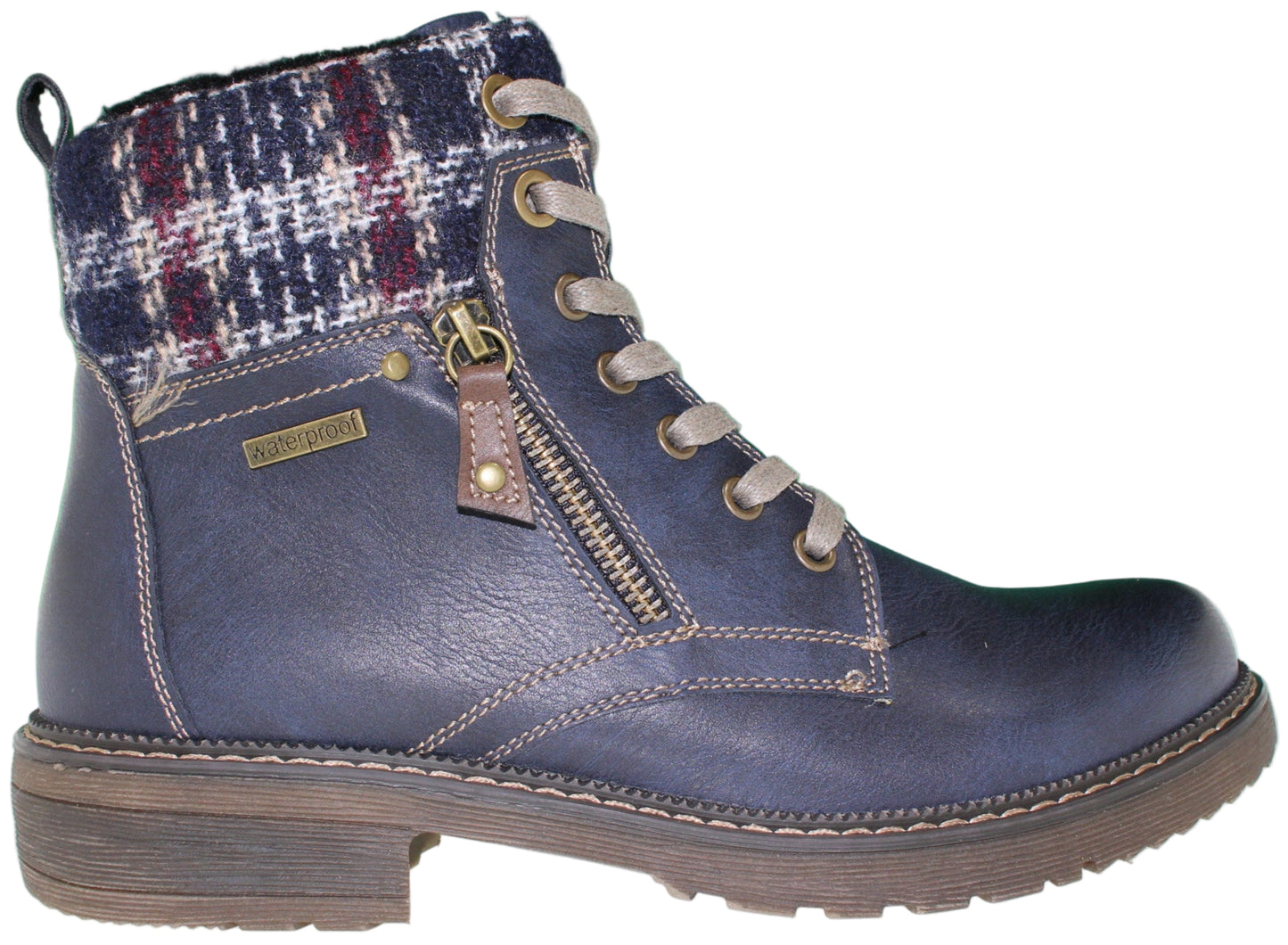 Blue lace-up ankle boot with side zipper and plaid knit cuff.