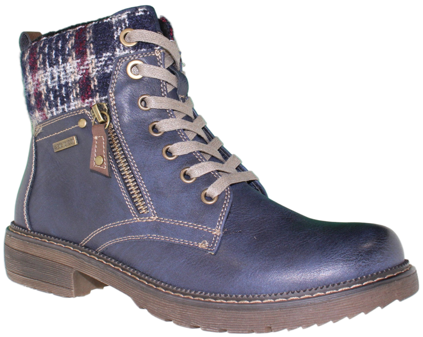 Blue ankle boot with a plaid knit cuff, side zipper, and lace-up closure.