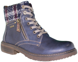 Blue ankle boot with a plaid knit cuff, side zipper, and lace-up closure.