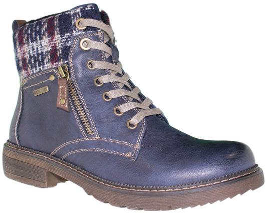 Blue ankle boot with a plaid knit cuff, side zipper, and lace-up closure.
