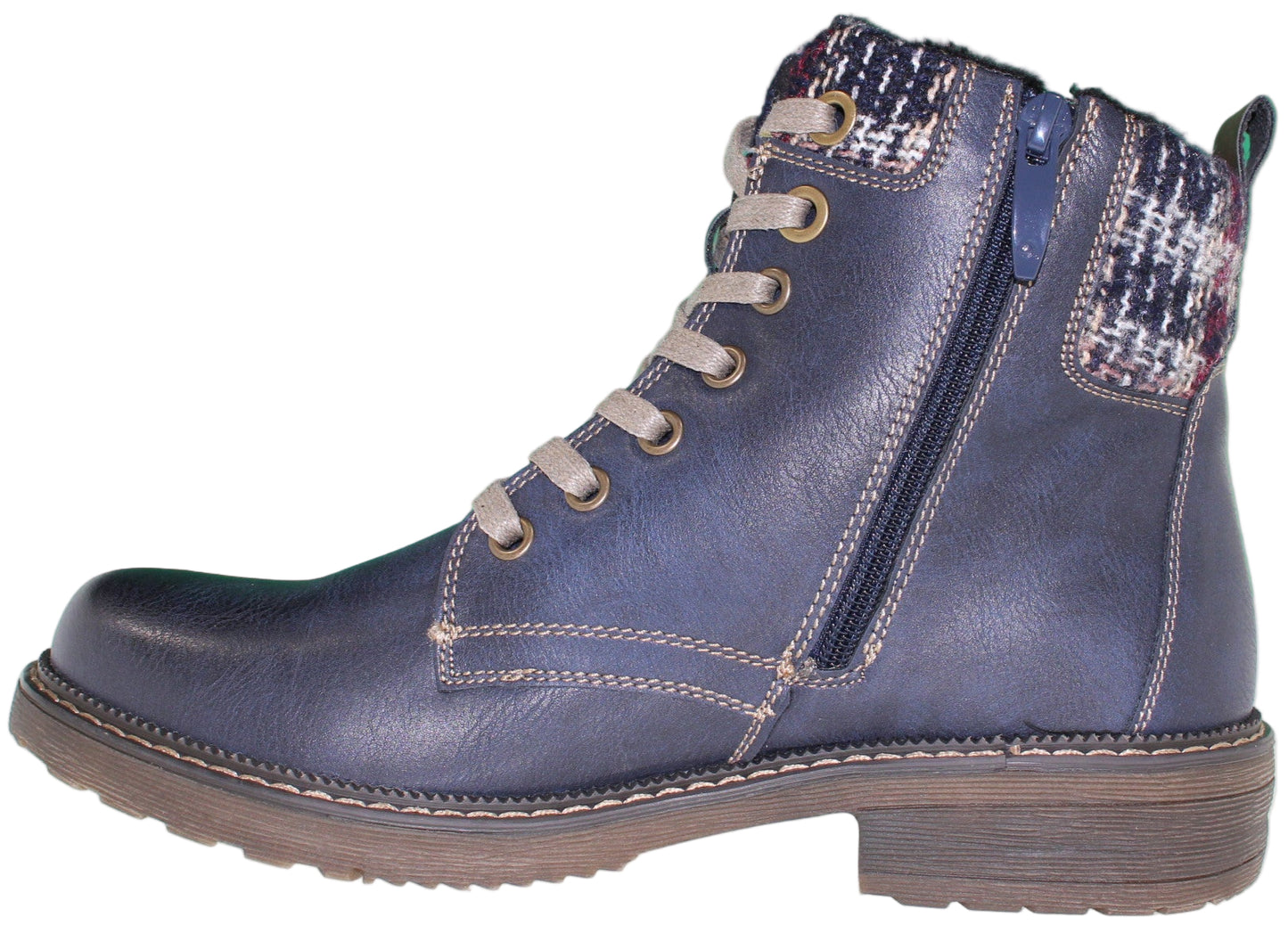 Blue ankle boot with laces and zipper.