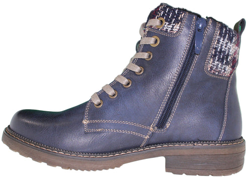 Blue ankle boot with laces and zipper.