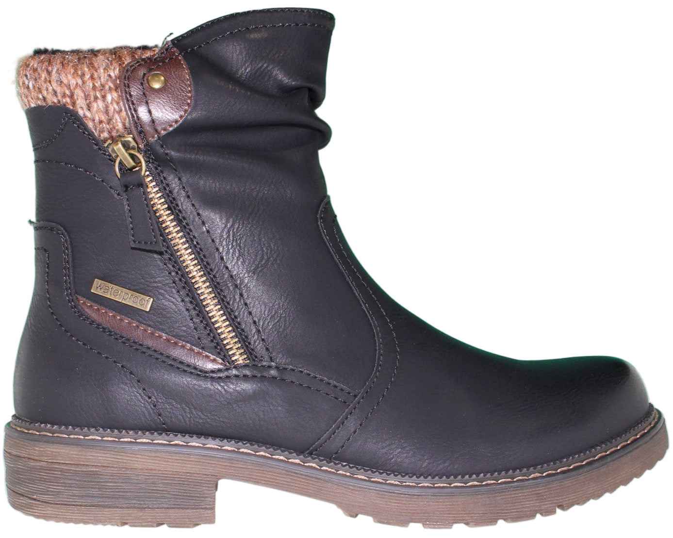 Black ankle boot with a gold zipper and knit cuff.