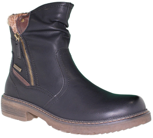 Black ankle boot with side zipper and faux fur lining.