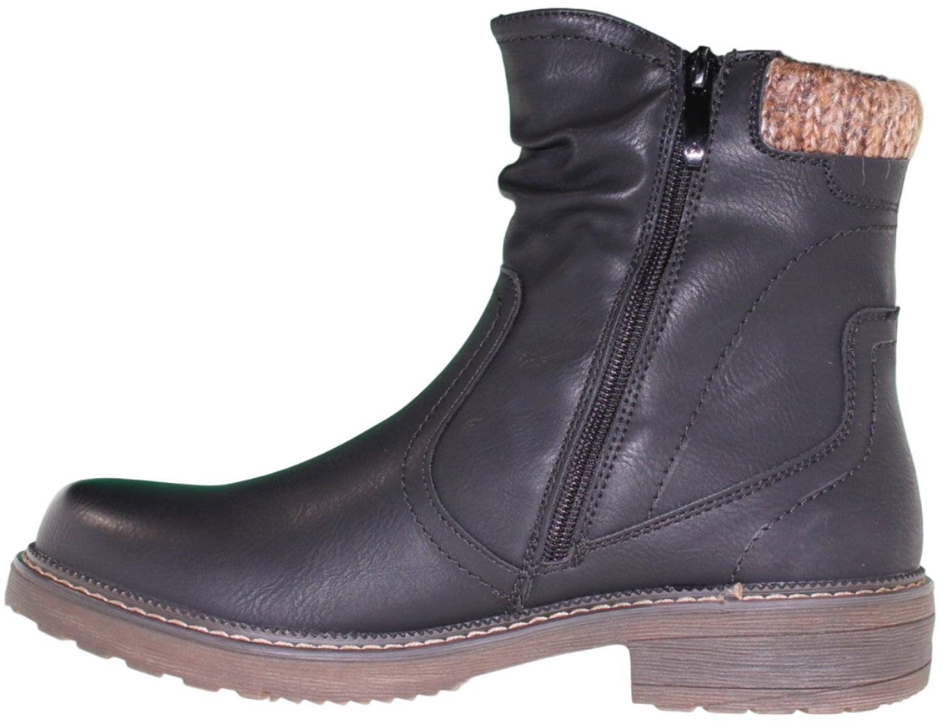Black ankle boot with side zipper and knitted cuff.