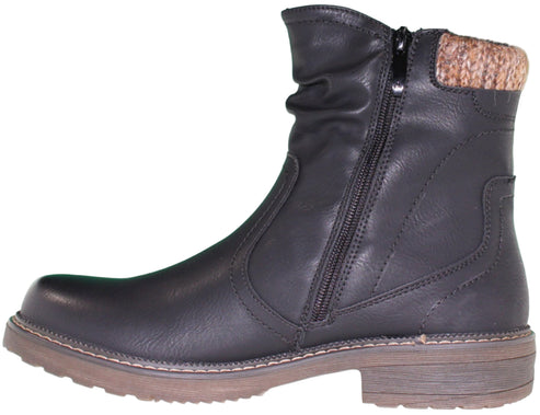 Black ankle boot with side zipper and knitted cuff.