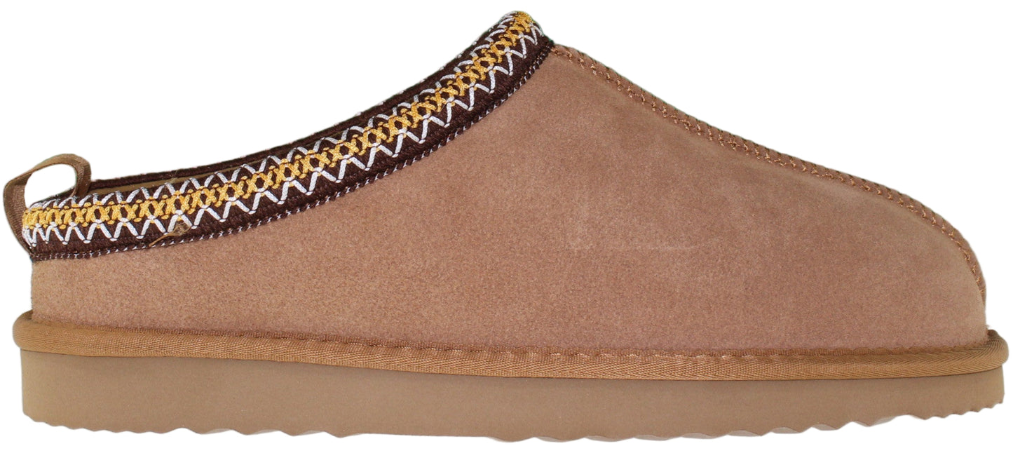 Tan suede slipper with decorative trim.