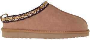 Tan suede slipper with decorative trim.