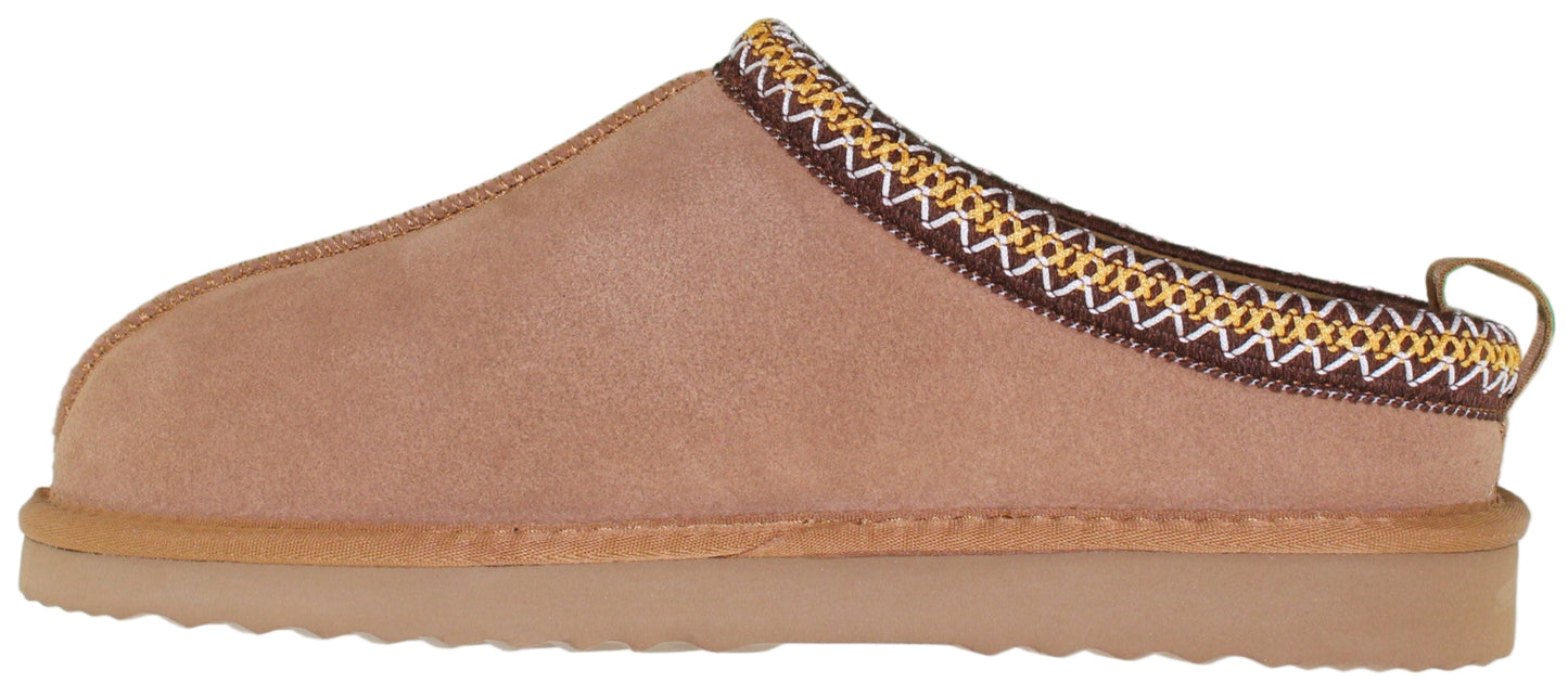 A tan slipper with an embroidered trim.