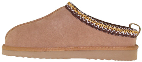 A tan slipper with an embroidered trim.