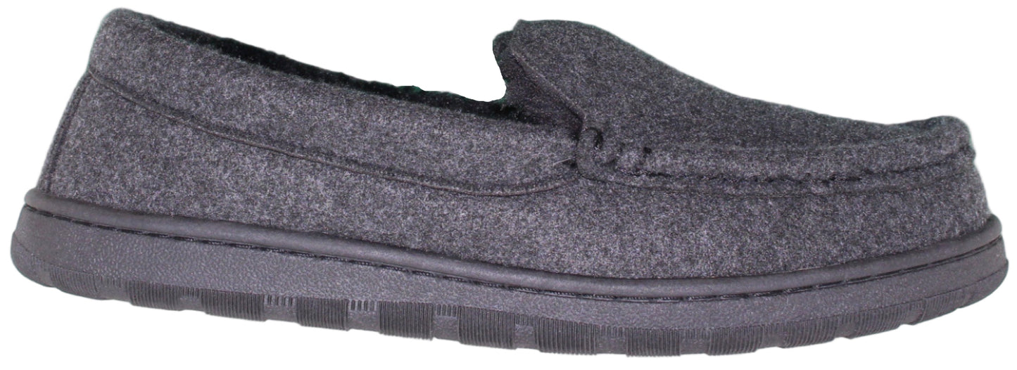 A gray moccasin slipper with a dark sole.