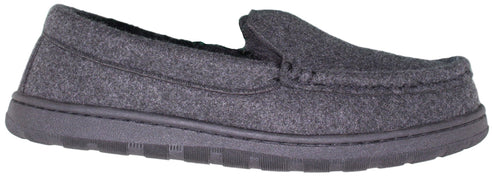 A gray moccasin slipper with a dark sole.