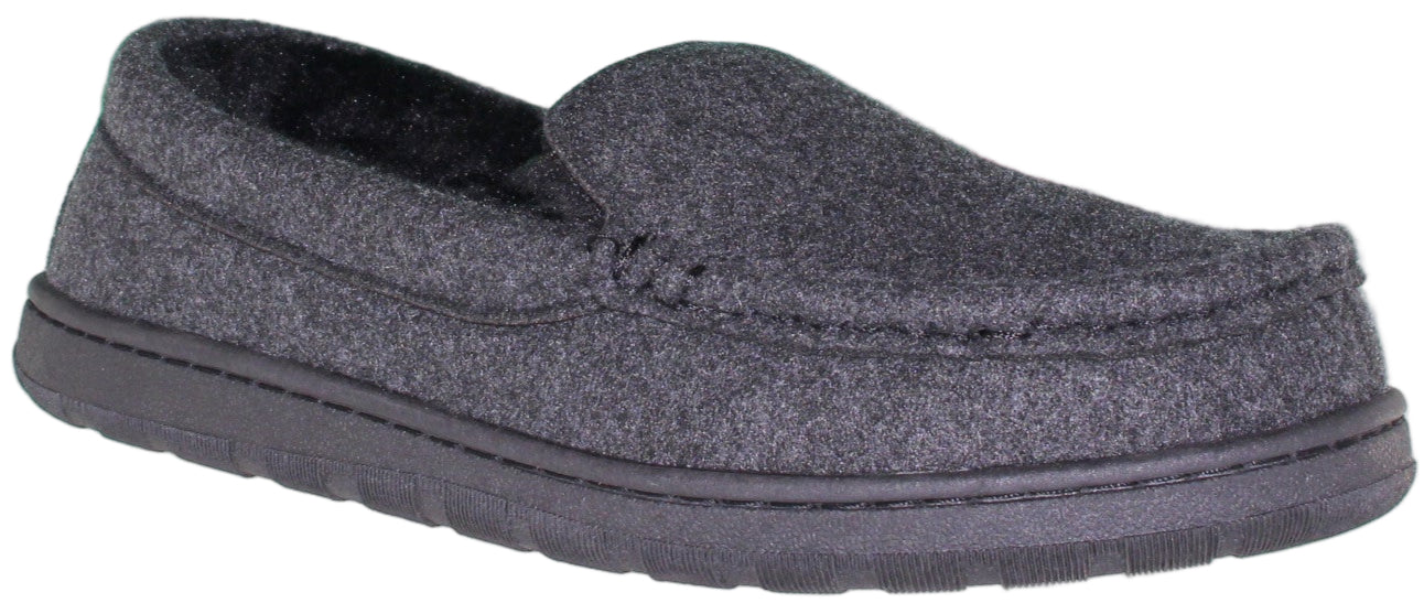 A gray, felt loafer slipper.