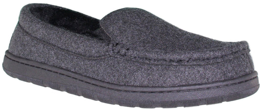 A gray, felt loafer slipper.