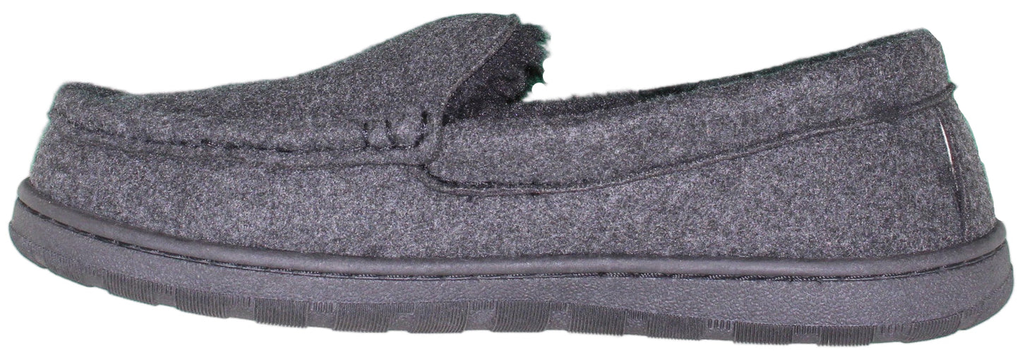 A grey wool-like loafer slipper.