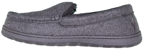 A grey wool-like loafer slipper.