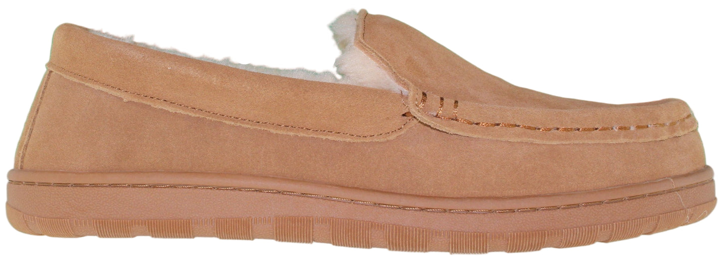 A tan-colored slipper with a moccasin-style upper and a tan sole.