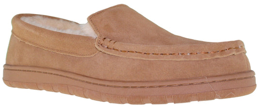 A tan suede moccasin slipper with a thick sole and faux fur lining.