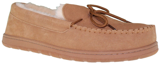 Tan suede moccasin slipper with faux fur lining and brown laces.