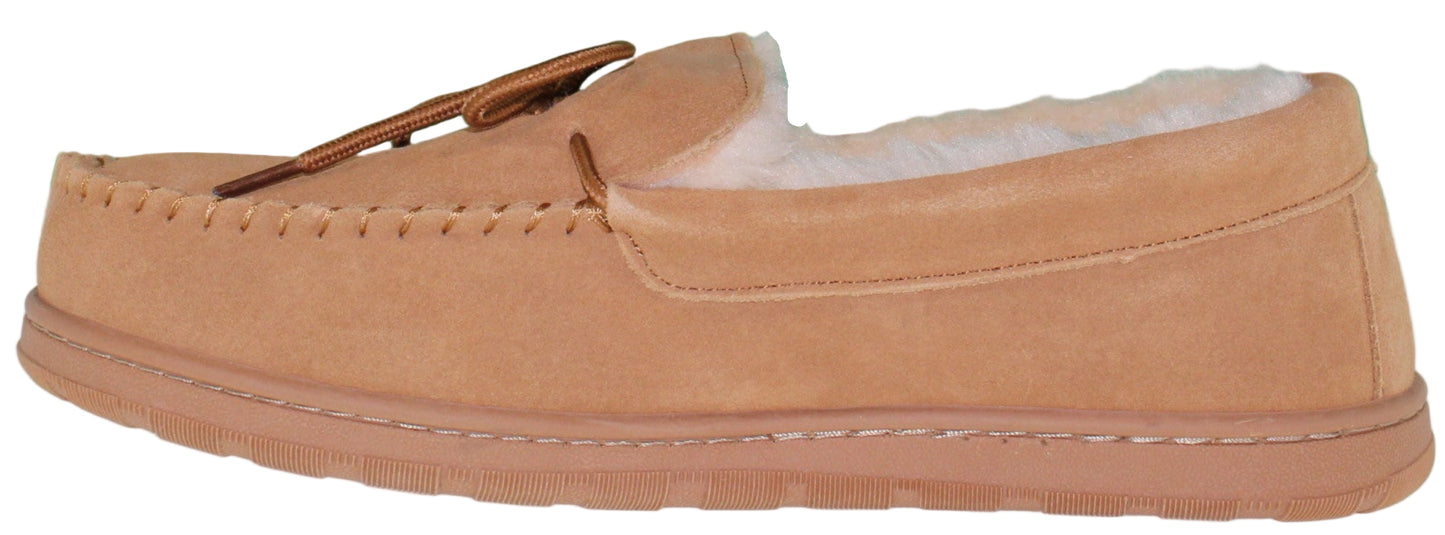 A tan moccasin slipper with a fleece interior.