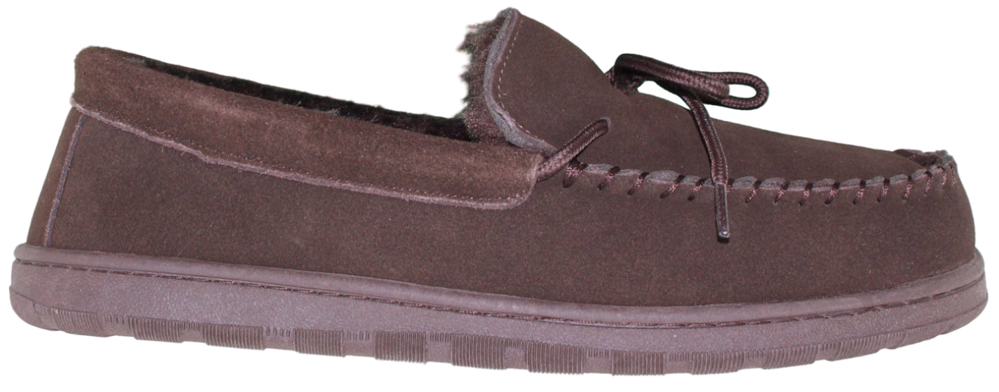 A brown moccasin slipper with laces.