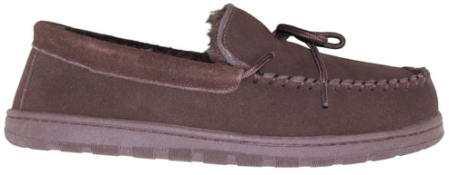 A brown moccasin slipper with laces.