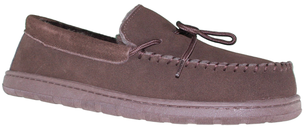 A brown moccasin slipper with laces.