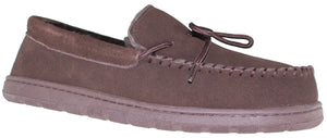 A brown moccasin slipper with laces.