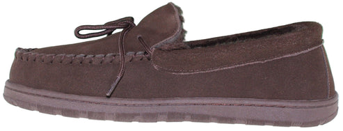 A brown moccasin slipper with a faux-fur lining.