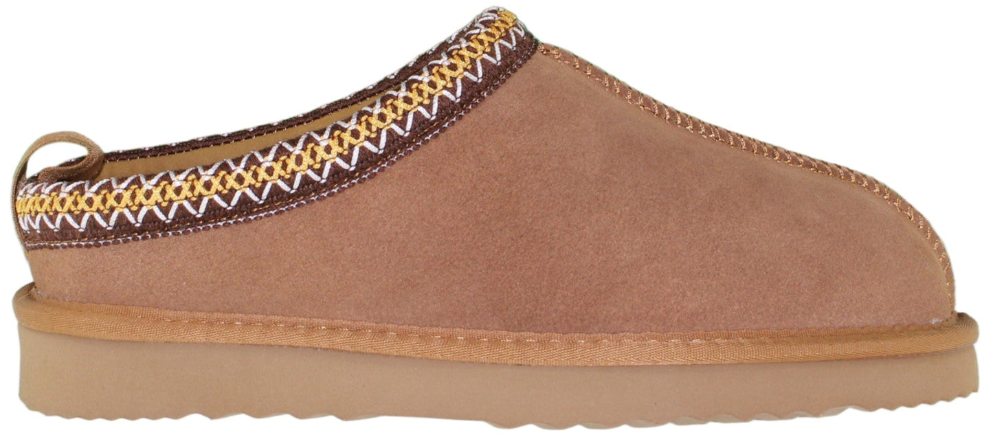 A brown slipper with a patterned trim.