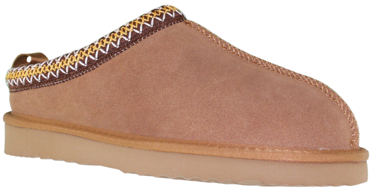 Tan slip-on clog with decorative trim.