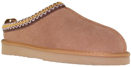 Tan slip-on clog with decorative trim.