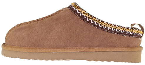 A brown slipper with an ornate trim.