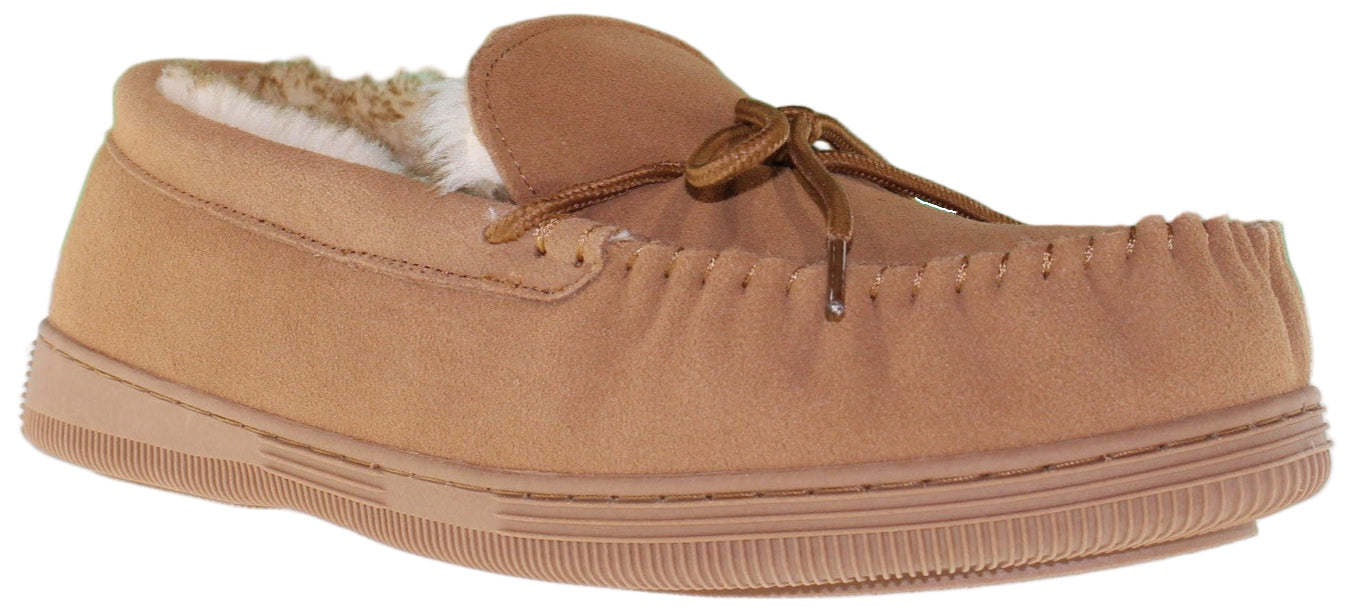 A tan moccasin slipper with a faux fur lining.
