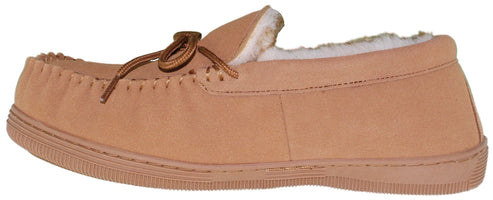 Tan moccasin slipper with faux fur lining and a brown leather lace.