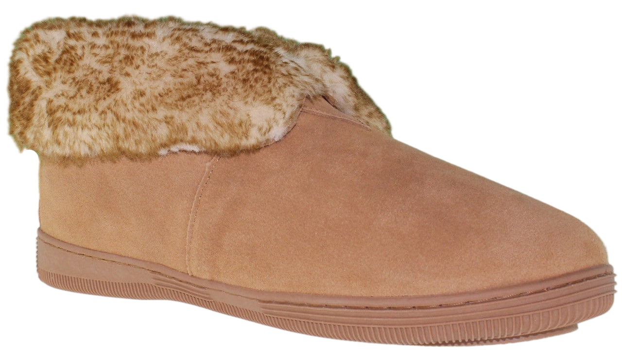 Tan slipper boot with faux fur trim.